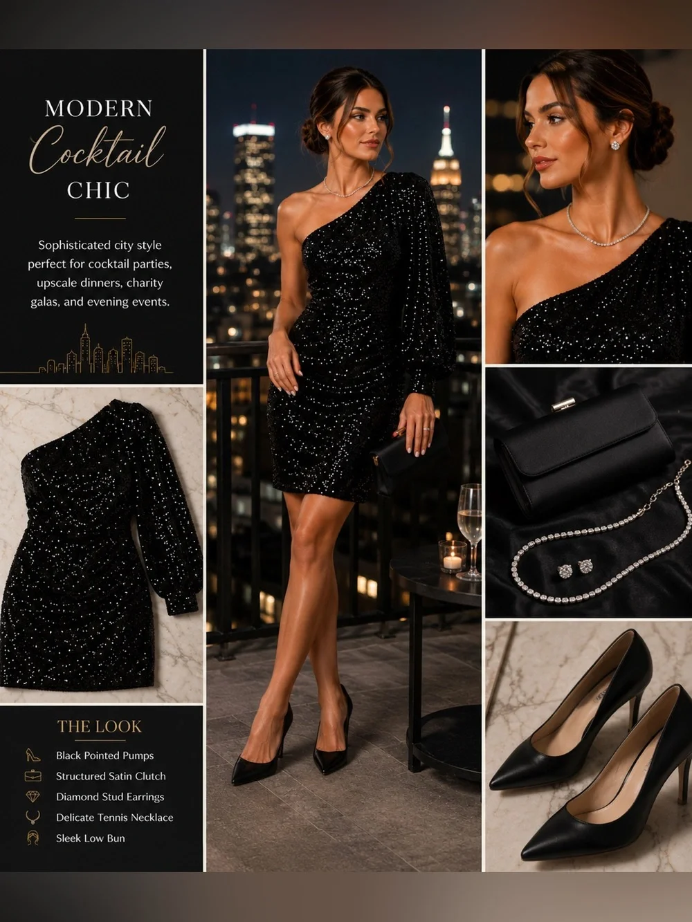 1.STATE One Shoulder Black Sequin Cocktail Dress Long Sleeve Party Women’s M